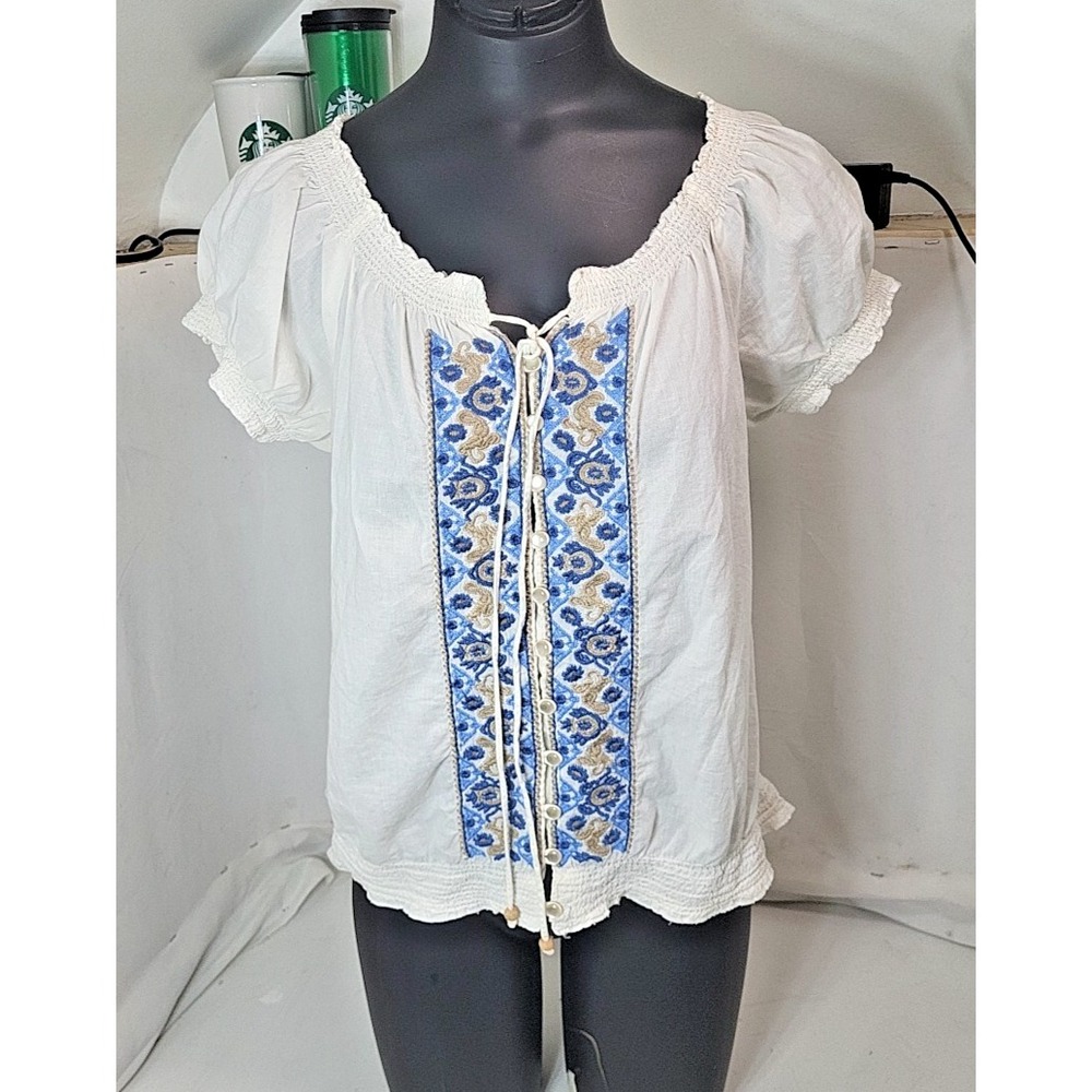 Passports Embroidered Milkmaid Peasant Blouse Womens Size Small Boho Puff Sleeve